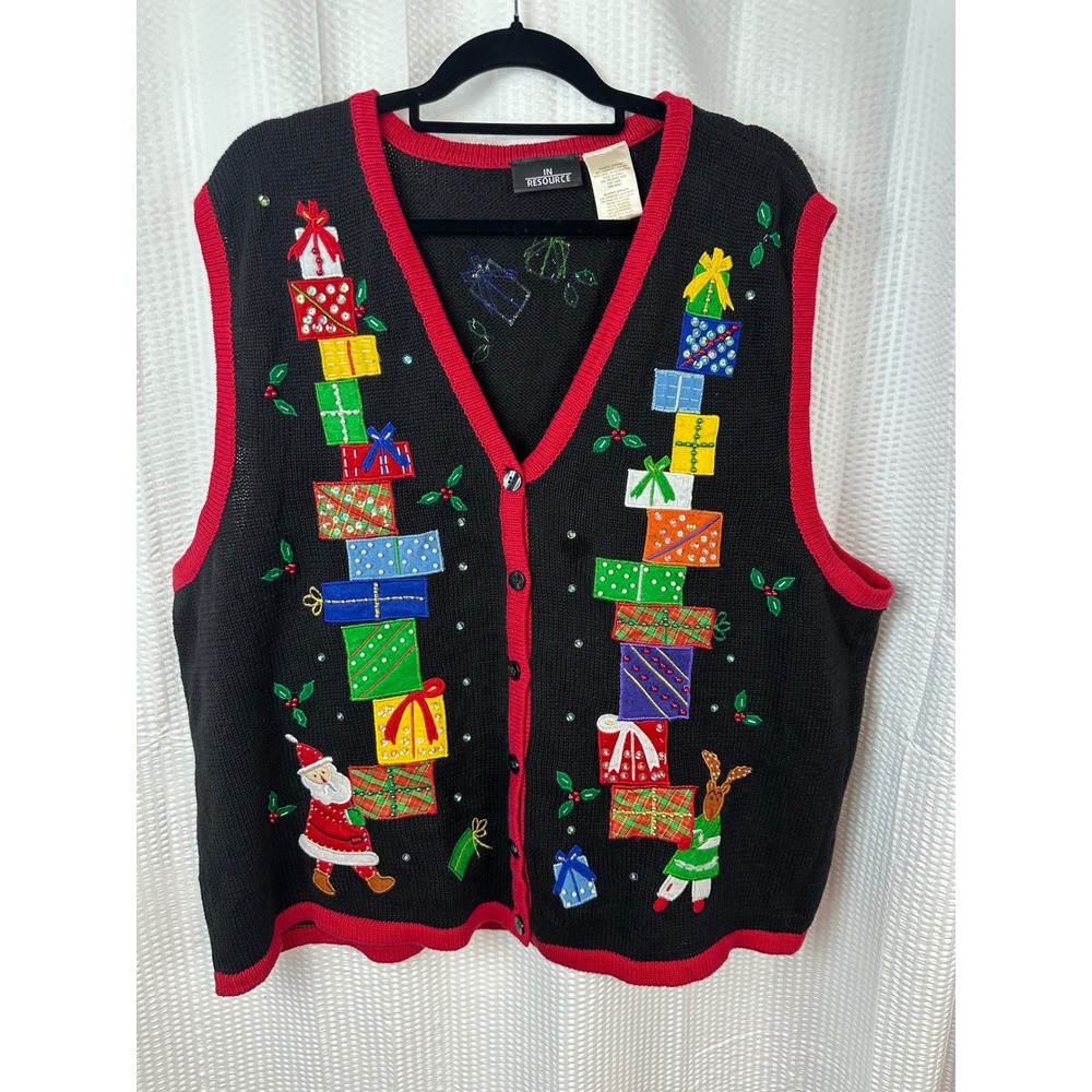 Vintage 90s In Resource Christmas Sweater Vest 22W 24W Santa Reindeer Beaded